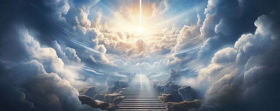 Stairs leading into the sky above the clouds in heaven. 