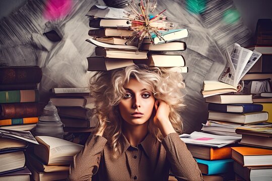 Tired woman overhelmed with chaos of papers and work