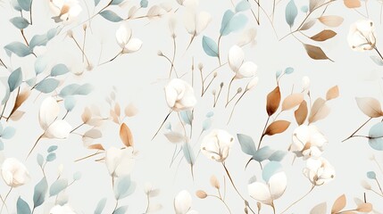 an autumn composition of eucalyptus branches, cotton flowers, and dried leaves against pastel tones, inviting viewers to immerse themselves in the textures. SEAMLESS PATTERN. SEAMLESS WALLPAPER.