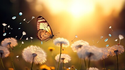 a dandelion with its seeds dispersing in the wind, while a butterfly adds a sense of dynamism to...