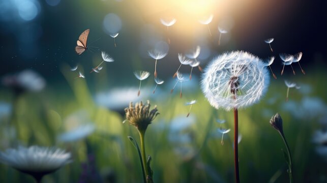 Fototapeta a dandelion with its seeds dispersing in the wind, while a butterfly adds a sense of dynamism to the scene, symbolizing the fleeting nature of beauty.