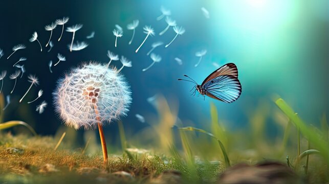 Fototapeta a dandelion with its seeds dispersing in the wind, while a butterfly adds a sense of dynamism to the scene, symbolizing the fleeting nature of beauty.