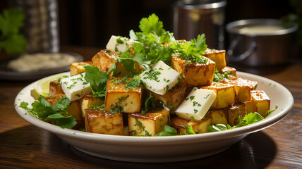 Traditional Indian dish paneer cheese with parsley and sauce, restaurant menu