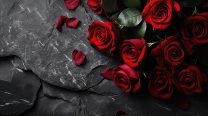 a greeting card with a top-down visual of a stunning red rose bouquet on a dark stone surface. The contrast between the rich red roses and the dark backdrop enhances the emotional impact.
