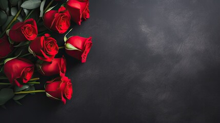 a greeting card with a top-down visual of a stunning red rose bouquet on a dark stone surface. The contrast between the rich red roses and the dark backdrop enhances the emotional impact.