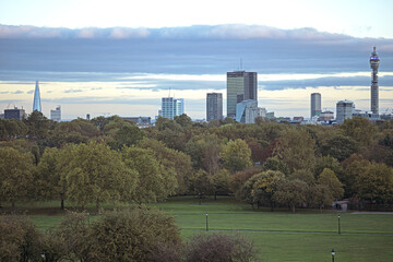 Breath-taking panoramic scenic view of London cityscape seen from beautiful Primrose Hill in St....