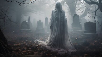 Helloween: A ghostly figure emerging from a fog-covered graveyard