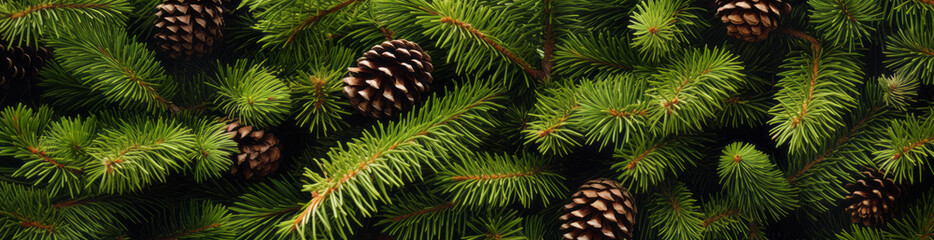 Fototapeta na wymiar Christmas decoration with green fir and pine branches with cones