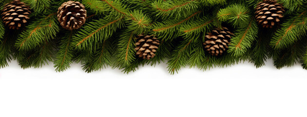 Christmas decoration with green fir and pine branches with cones, in the style of white background