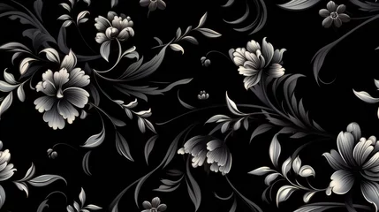 Fotobehang a black floral ornament in a retro style. Showcase intricate flower and curl motifs, evoking a sense of vintage charm and sophistication SEAMLESS PATTERN. SEAMLESS WALLPAPER. © lililia