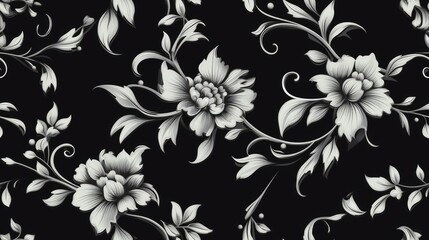 a black floral ornament in a retro style. Showcase intricate flower and curl motifs, evoking a sense of vintage charm and sophistication SEAMLESS PATTERN. SEAMLESS WALLPAPER.