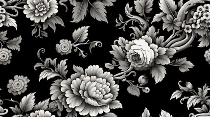 a black floral ornament in a retro style. Showcase intricate flower and curl motifs, evoking a sense of vintage charm and sophistication SEAMLESS PATTERN. SEAMLESS WALLPAPER.
