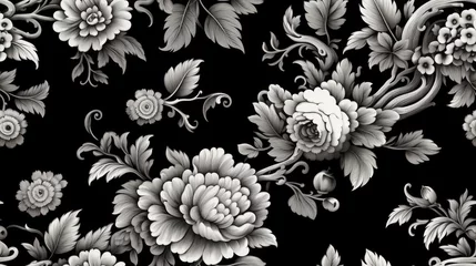 Meubelstickers a black floral ornament in a retro style. Showcase intricate flower and curl motifs, evoking a sense of vintage charm and sophistication SEAMLESS PATTERN. SEAMLESS WALLPAPER. © lililia