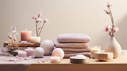 Fototapeta na wymiar Spa composition in light colors with a carefully thought-out arrangement of bath bombs, brushes and towels. Added elements of aromatherapy to create a soothing atmosphere.