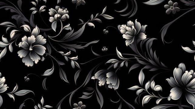a black floral ornament in a retro style. Showcase intricate flower and curl motifs, evoking a sense of vintage charm and sophistication SEAMLESS PATTERN. SEAMLESS WALLPAPER.