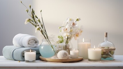 Spa composition in light colors with a carefully thought-out arrangement of bath bombs, brushes and towels. Added elements of aromatherapy to create a soothing atmosphere.
