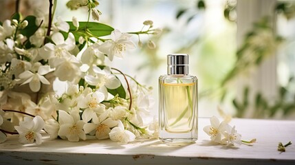 a captivating composition of jasmine essential oil and fresh flowers, thoughtfully placed on a...