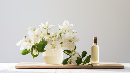 Fototapeta na wymiar a captivating composition of jasmine essential oil and fresh flowers, thoughtfully placed on a white wooden tabletop. The open space in the image invites the addition of text or messages.