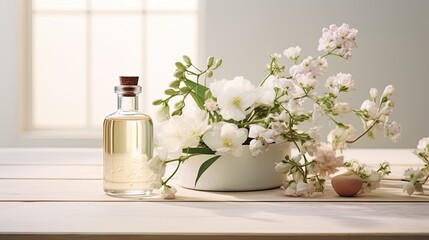 a captivating composition of jasmine essential oil and fresh flowers, thoughtfully placed on a white wooden tabletop. The open space in the image invites the addition of text or messages.