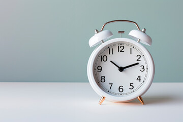 White alarm clock on a neutral background. mockup. minimalism. switching the hands of the clock to winter time. switching the clock hands to daylight saving time.