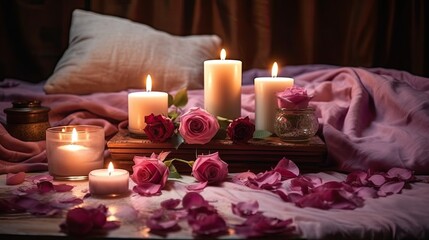 Obraz na płótnie Canvas a carefully arranged scene with aromatic candles illuminating a space filled with roses on a wooden table. Ensure there's open space for text integration, perfect for expressing heartfelt sentiments.
