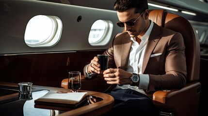 a businessman in a refined environment, glancing at his wristwatch while enjoying a coffee and having his cellphone nearby, symbolizing a productive journey.