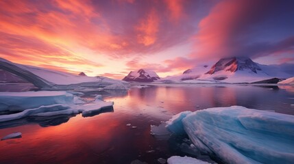polar landscape at sunset, with the sky aglow in a kaleidoscope of reds, oranges, and pinks, reflecting off the icy mountains and glaciers, showcasing the sublime beauty of nature's vivid canvas.