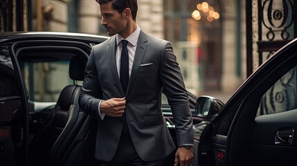 a driver, impeccably dressed, opening the car door with a courteous hand for his passenger. Highlight the subtle interactions and the scene's upscale ambiance