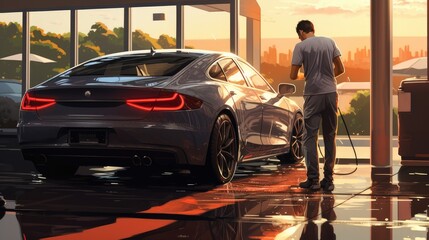 a focused man using a microfiber cloth to clean the car's interior dashboard. Showcase the interior's intricate textures, the man's concentration, and the gentle light filtering