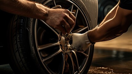 Obraz premium a focused man using a microfiber cloth to clean the car's interior dashboard. Showcase the interior's intricate textures, the man's concentration, and the gentle light filtering