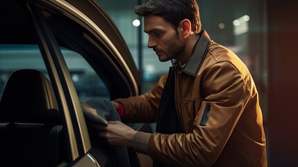 a focused man using a microfiber cloth to clean the car's interior dashboard. Showcase the interior's intricate textures, the man's concentration, and the gentle light filtering