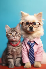 Cat and dog dressed in funny outfits