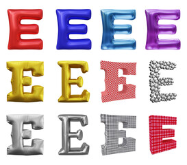 Set of alphabet letter e in 3d rendering isolated on transparent background for education and text concept