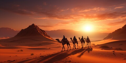 Fototapeta na wymiar Camels in the dunes of the desert, sunset the desert, nature and travel theme.Generative AI