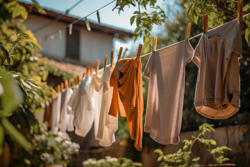 Clean clothes drying outdoors, sunny summer day, countryside, cozy village outdoor exterior. 