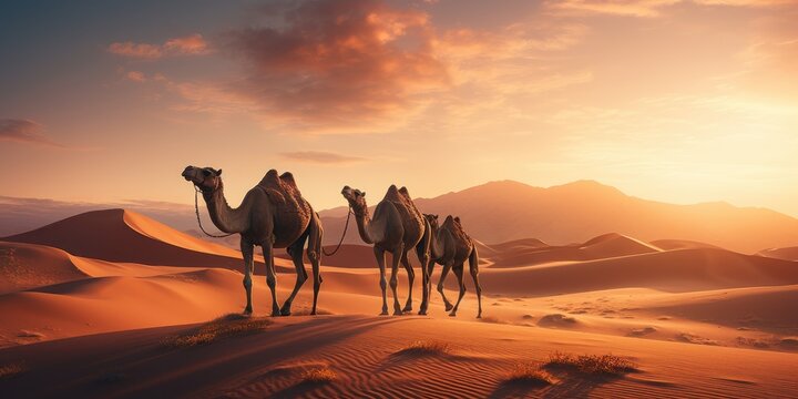 Camels in the dunes of the desert, sunset the desert, nature and travel theme.Generative AI