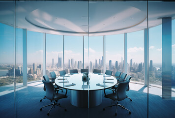 Fototapeta premium Modern office meeting room interior with glass windows. Created with Generative AI