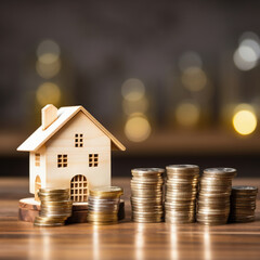 House model and coins on wood table with bokeh background, property investment concept
