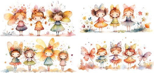 watercolor painting style illustration of cute happy fairy angel play together, generative Ai