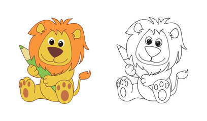 Fototapeta premium Coloring page of cute little leon with pencil for preschool kids activity educational worksheet.