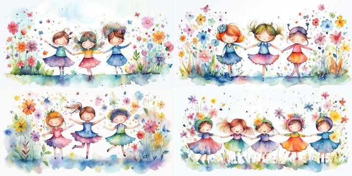 Watercolor Painting Style Illustration Of Cute Happy Fairy Angel Play Together In Spring Flower Blossom Garden, Generative Ai