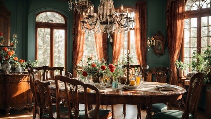 Fototapeta na wymiar Showcasing a vintage-style dining room with a wooden dining table, ornate chairs, and an antique chandelier.