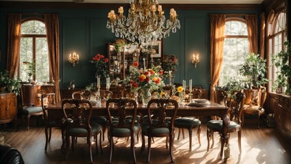 Fototapeta na wymiar Showcasing a vintage-style dining room with a wooden dining table, ornate chairs, and an antique chandelier. Interior, table, room, chair, restaurant, dining, furniture.