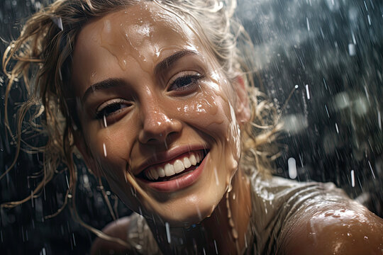 Portrait of a beautiful blond woman with curly hair in the rain.