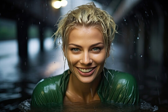 Portrait of a beautiful blond woman with curly hair in the rain.