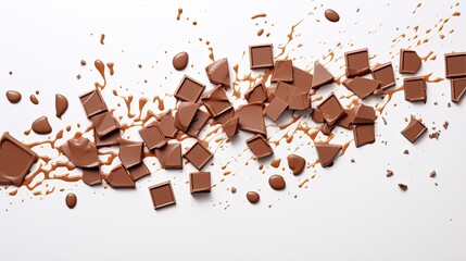 a collection of milk chocolate pieces, artfully arranged on a white background to highlight their delectable texture and sheen.