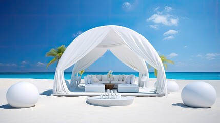 a sun-kissed VIP beach with pristine white pavilions set against a brilliant blue sky, symbolizing a truly lavish vacation experience.