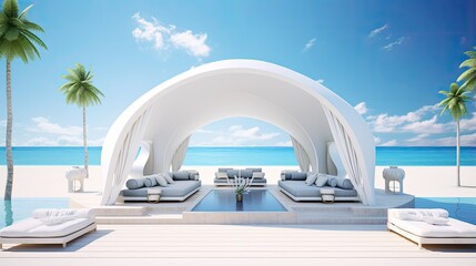 Obraz na płótnie Canvas a sun-kissed VIP beach with pristine white pavilions set against a brilliant blue sky, symbolizing a truly lavish vacation experience.