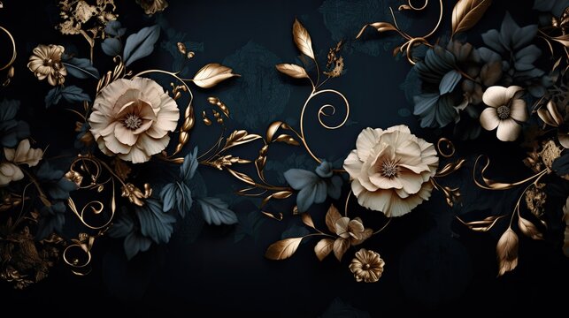 a black floral ornament in a retro design, featuring ornate flowers and elegant curls, capturing the essence of vintage elegance.