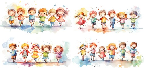 watercolor style illustration of cute cartoon  kids play together, Generative Ai - obrazy, fototapety, plakaty